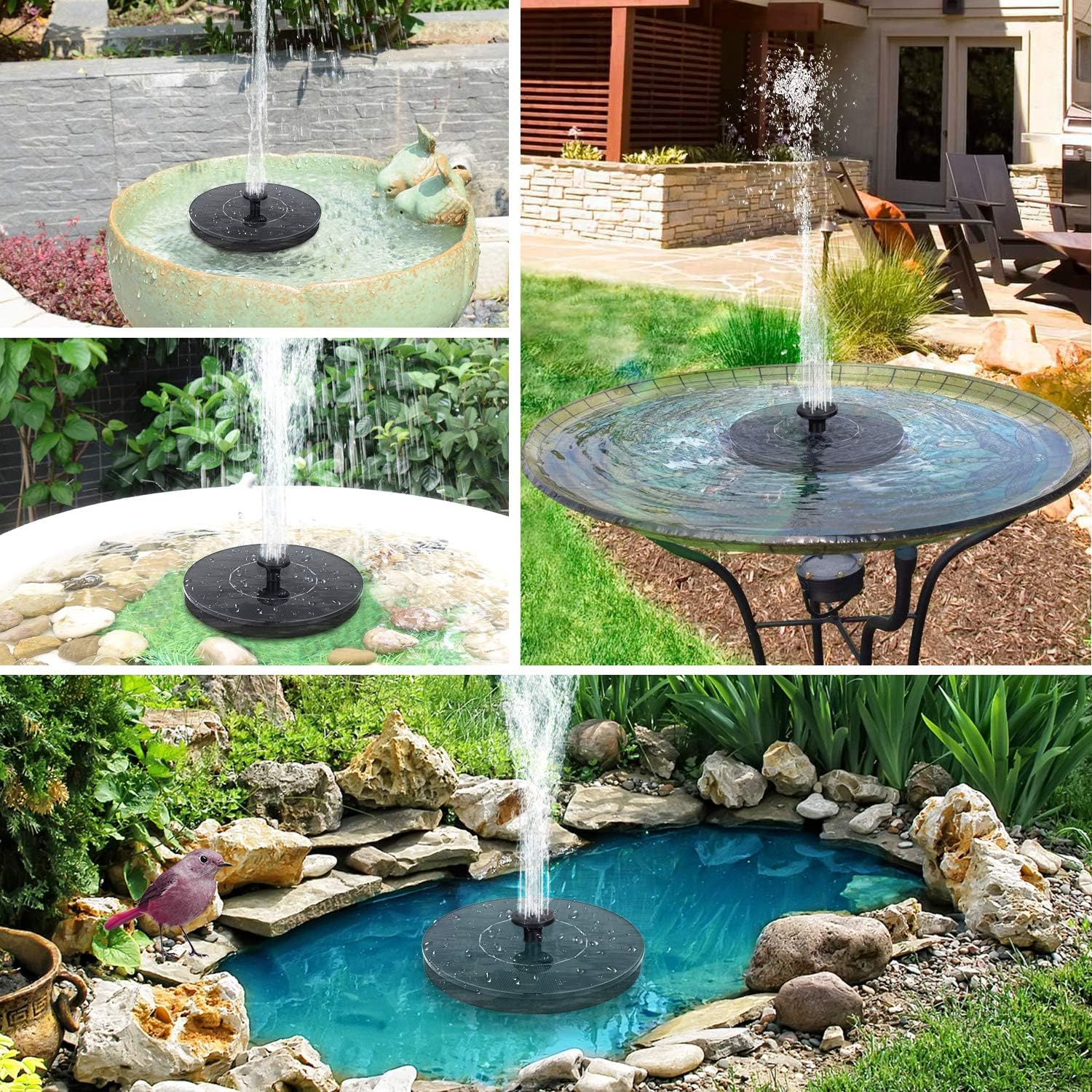 Solar birdbath fountain with LED light outdoor garden — solar panel charging detail