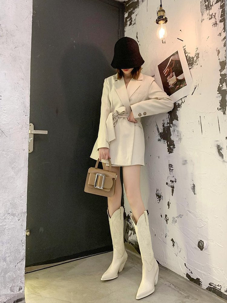 Women's Embossed Leather Western Cowboy Boots - Knee-High Wedge Heel Pointed Toe