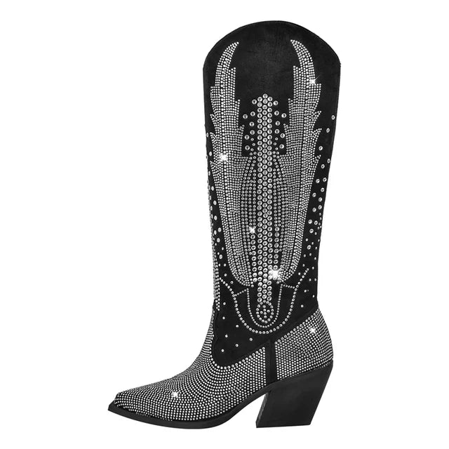 Women's Rhinestone Knee High Cowboy Boots - Black Glitter Western Boots Block Heel