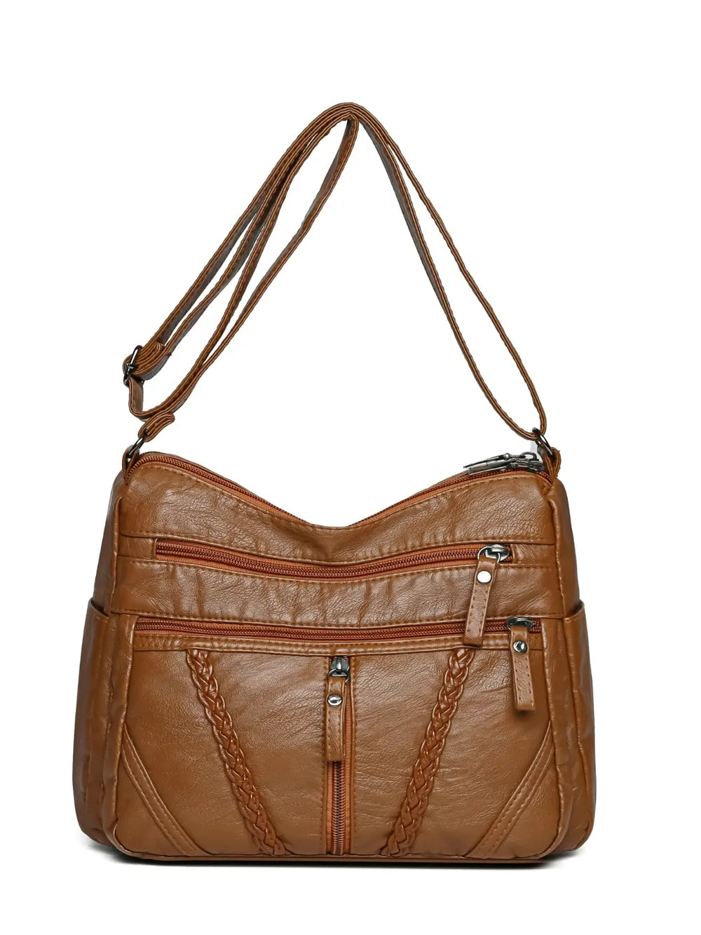 Braided Detail PU Leather Crossbody Bag – Women’s Medium Multi-Zip Shoulder Purse