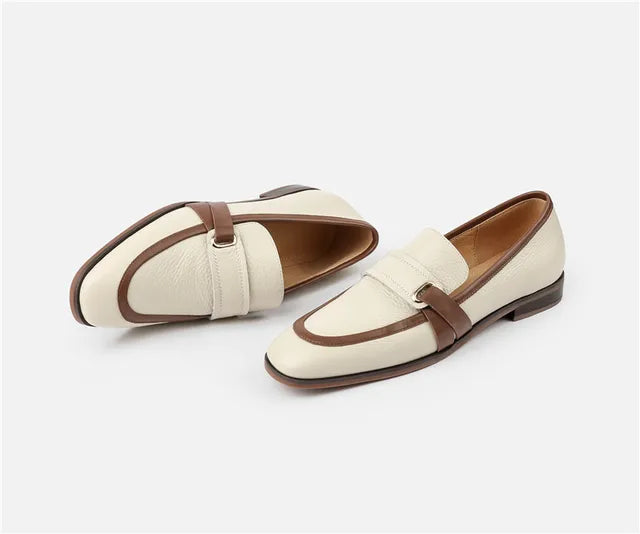 Spring Genuine Leather Women's Loafers - Retro Mixed Color Design