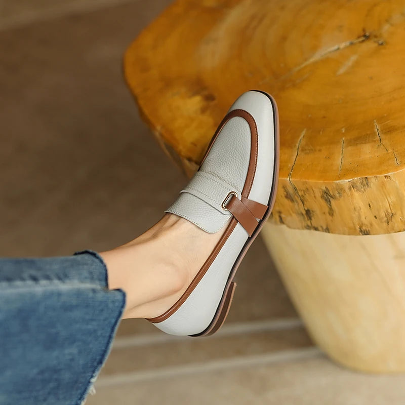 Spring Genuine Leather Women's Loafers - Retro Mixed Color Design