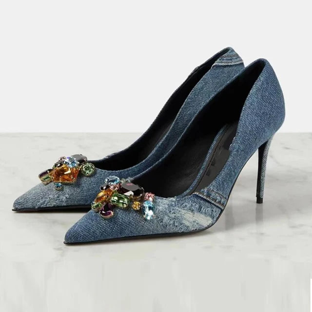 Crystal-embellished Denim High Heel Pumps