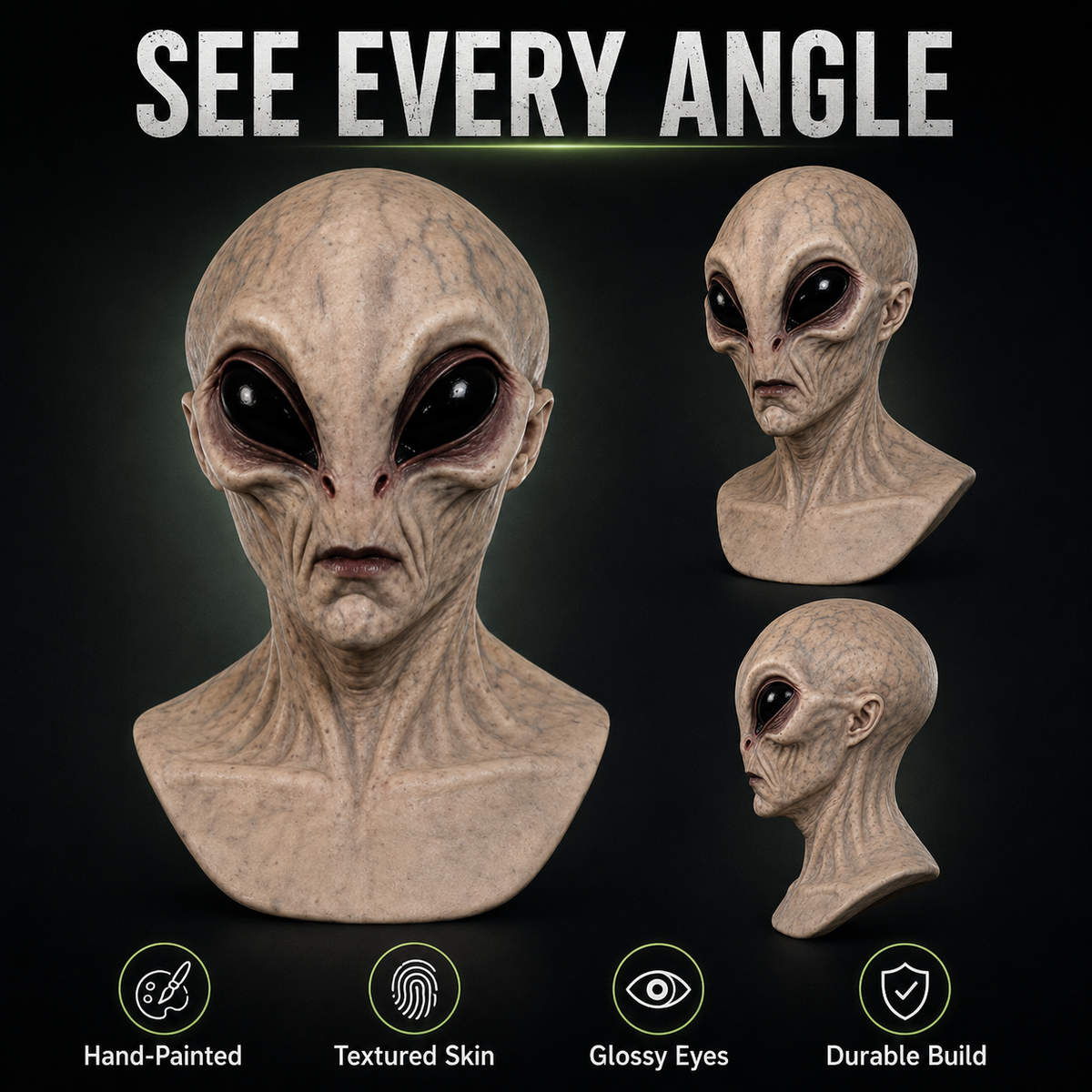 Hyper-realistic alien full head Halloween mask, product photo 9