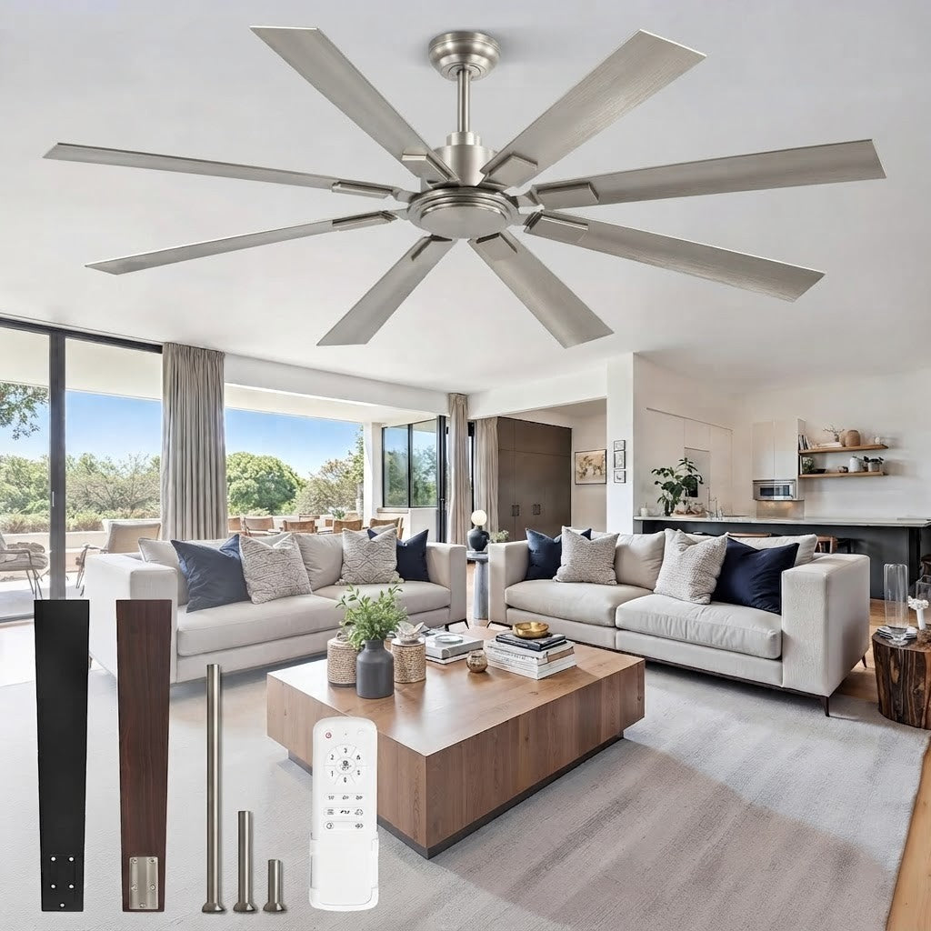 Large Ceiling Fan No Light 8-Blade Reversible DC Motor 6-Speed Indoor Outdoor Patio Living Room Garage — 52 to 72 Inch