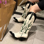 Women's Cactus Embroidered Western Cowboy Boots - Chunky Heel Mid-Calf Vintage