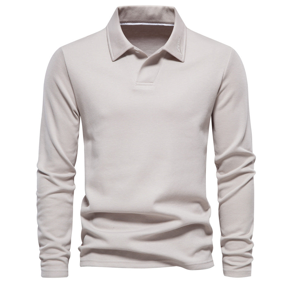 Men's Long Sleeve Polo Shirt - Solid Color Lapel Collar Top