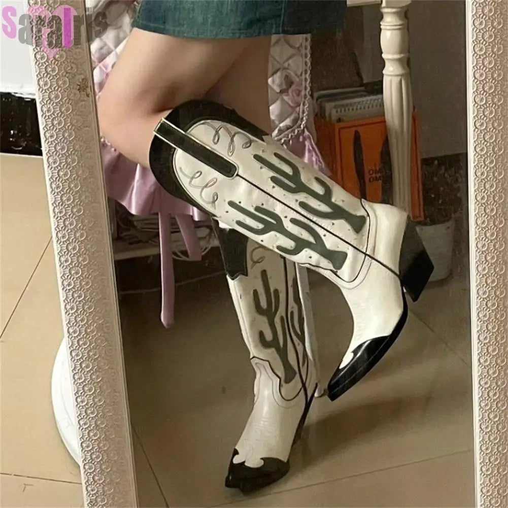 Women's Cactus Embroidered Western Cowboy Boots - Chunky Heel Mid-Calf Vintage