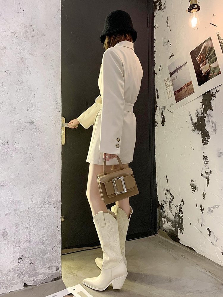 Women's Embossed Leather Western Cowboy Boots - Knee-High Wedge Heel Pointed Toe