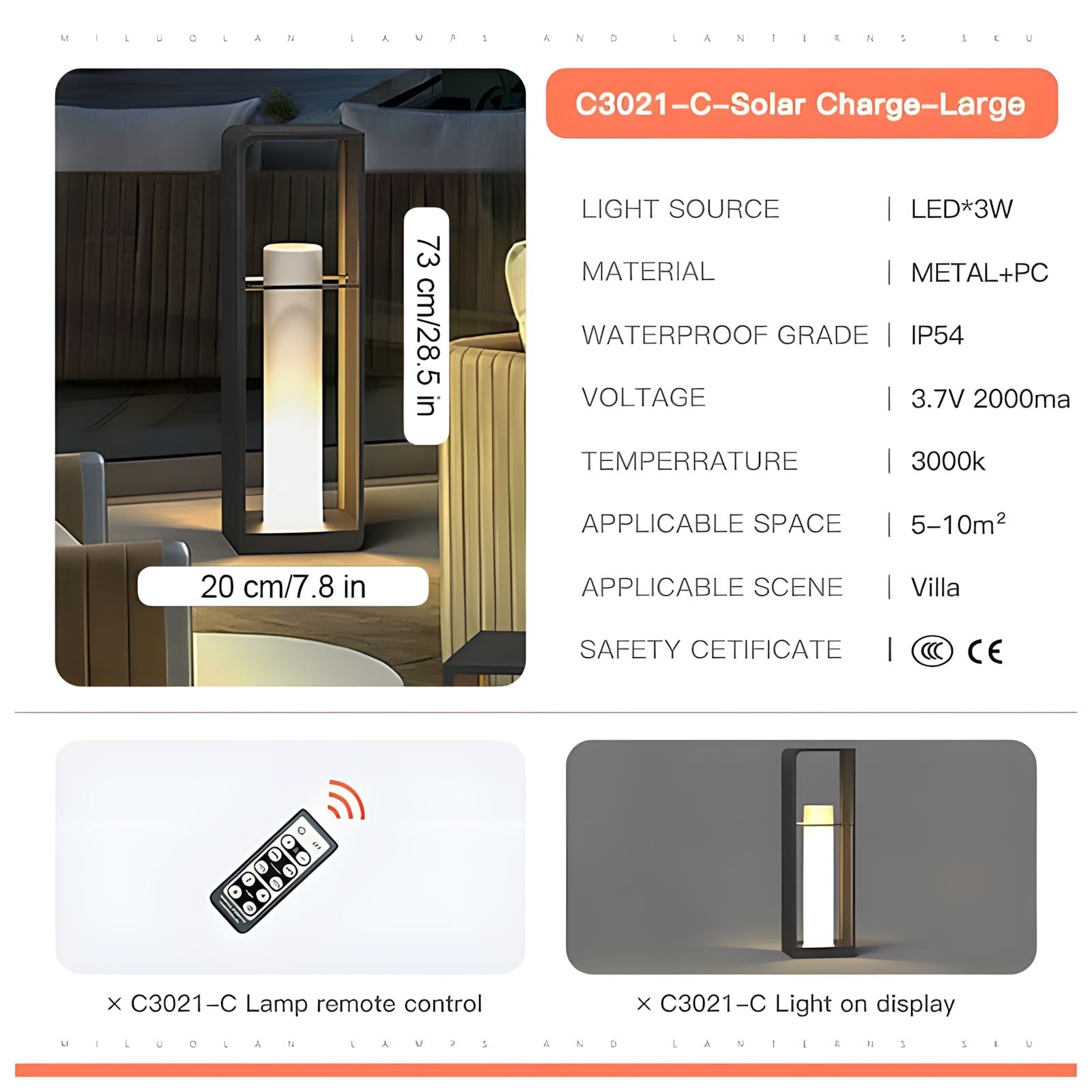 Solar Garden Post Lamp Nordic Style Outdoor Waterproof Remote — 28cm 43cm 73cm