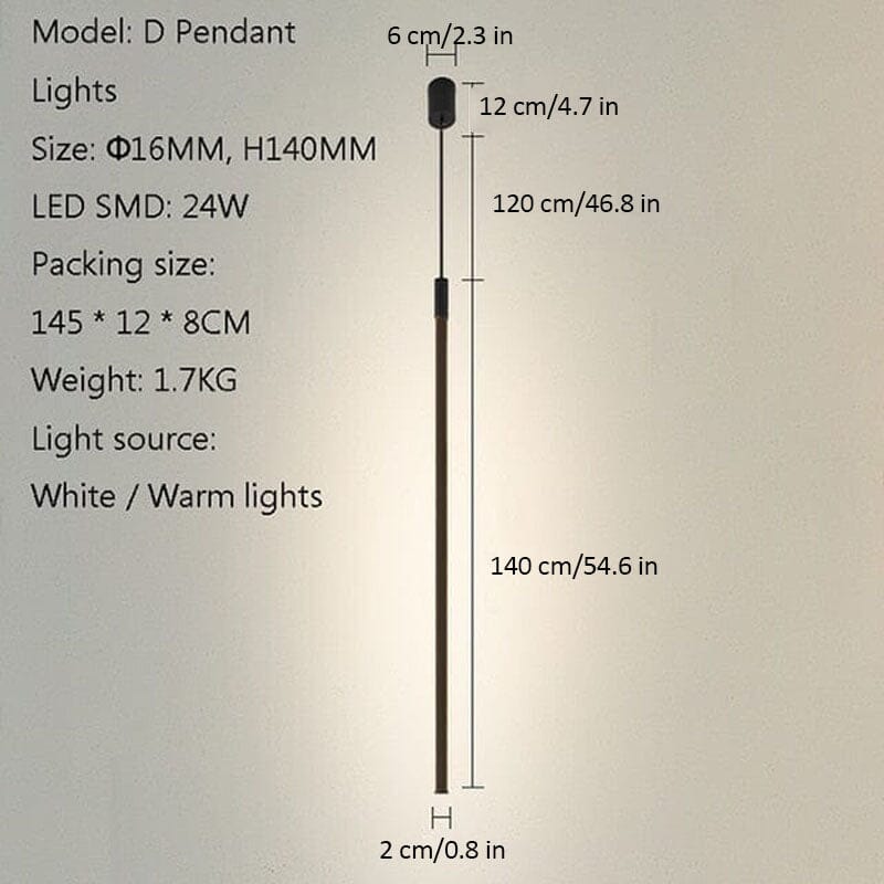 Slim Cylindrical Bedside Pendant Hanging Light Height Adjustable LED — Warm Cool White 60 to 140cm