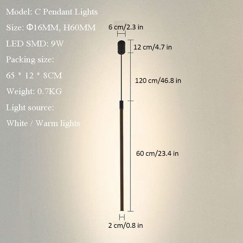 Slim Cylindrical Bedside Pendant Hanging Light Height Adjustable LED — Warm Cool White 60 to 140cm