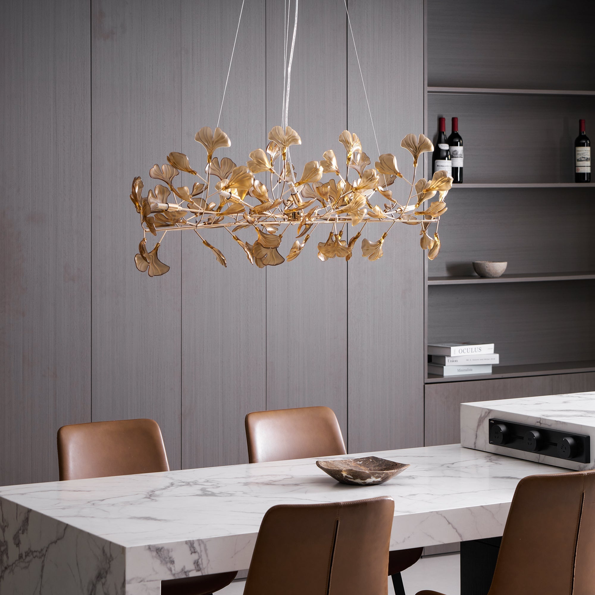 Acrylic Ginkgo Leaf Chandelier Gold Modern Dining Room Living Room — Royal Blue Green Coffee