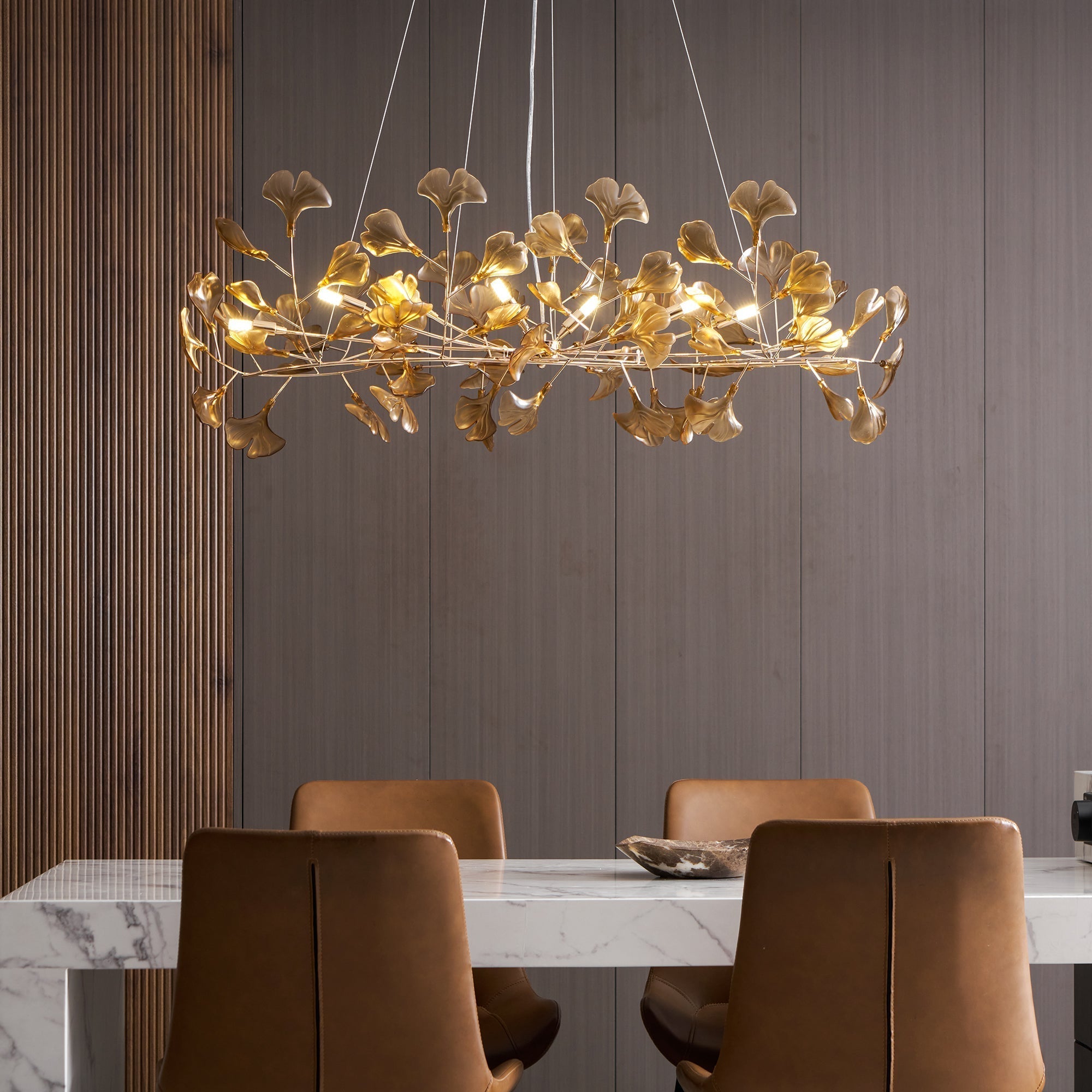 Acrylic Ginkgo Leaf Chandelier Gold Modern Dining Room Living Room — Royal Blue Green Coffee