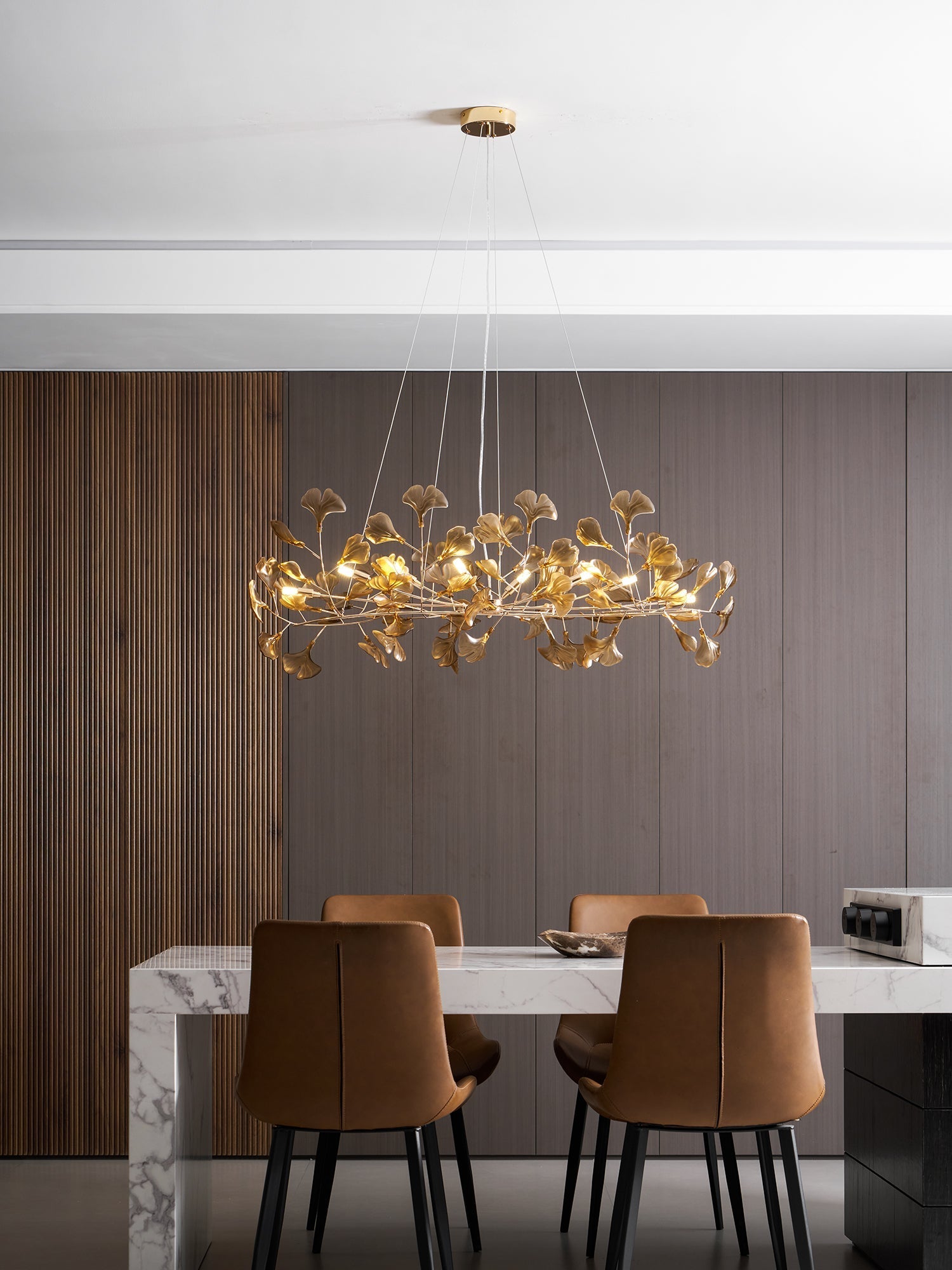 Acrylic Ginkgo Leaf Chandelier Gold Modern Dining Room Living Room — Royal Blue Green Coffee