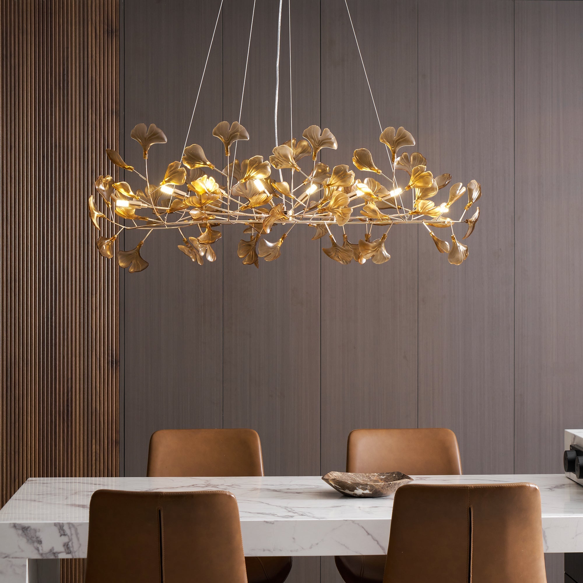 Acrylic Ginkgo Leaf Chandelier Gold Modern Dining Room Living Room — Royal Blue Green Coffee