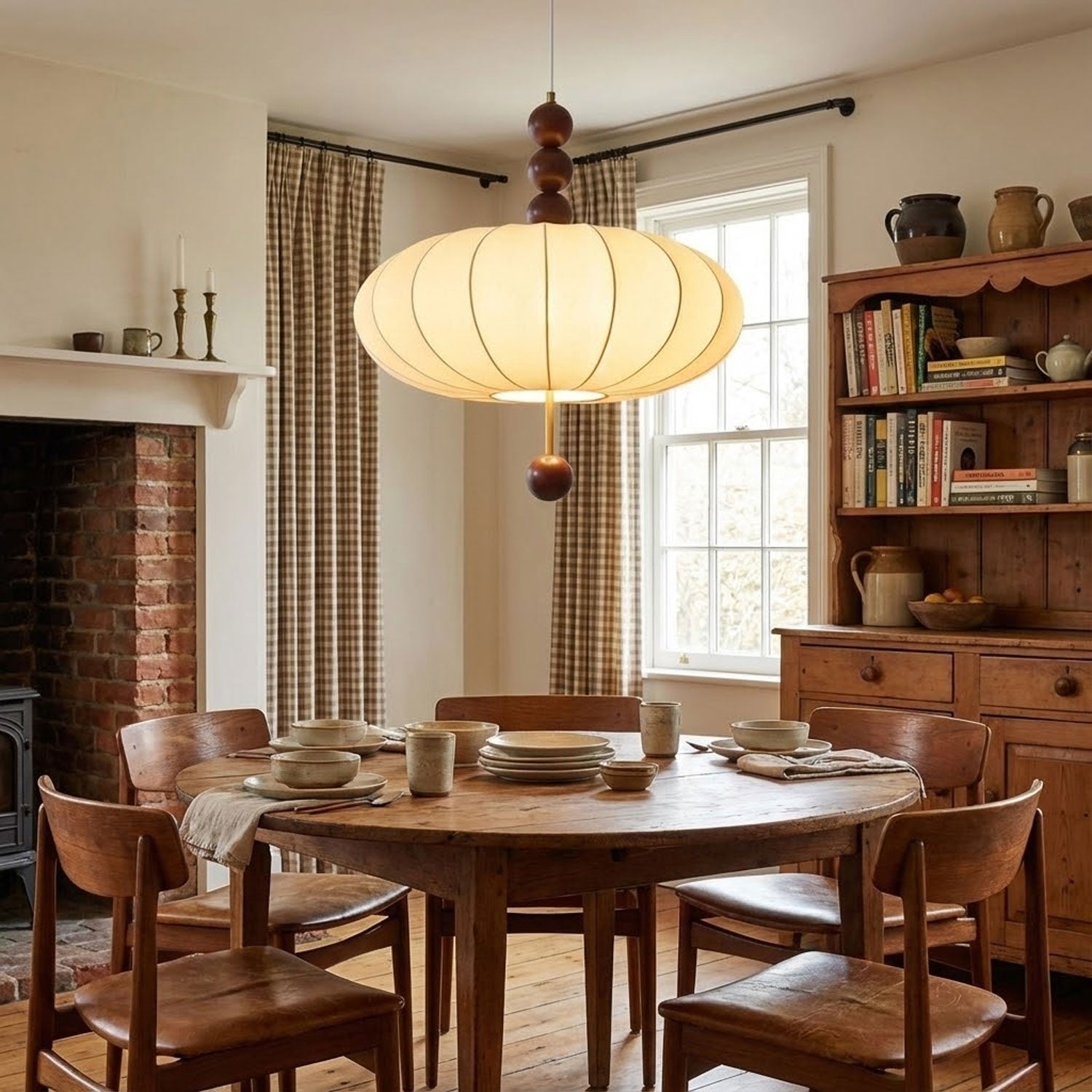Adelaide Fabric Pendant Light Walnut Wood Beige Linen Dining Room Bedroom — 15 to 19 Inch