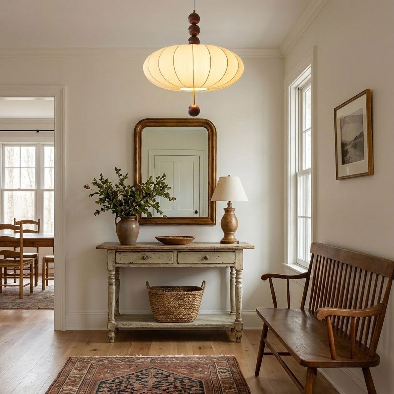Adelaide Fabric Pendant Light Walnut Wood Beige Linen Dining Room Bedroom — 15 to 19 Inch