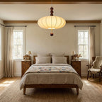 Adelaide Fabric Pendant Light Walnut Wood Beige Linen Dining Room Bedroom — 15 to 19 Inch