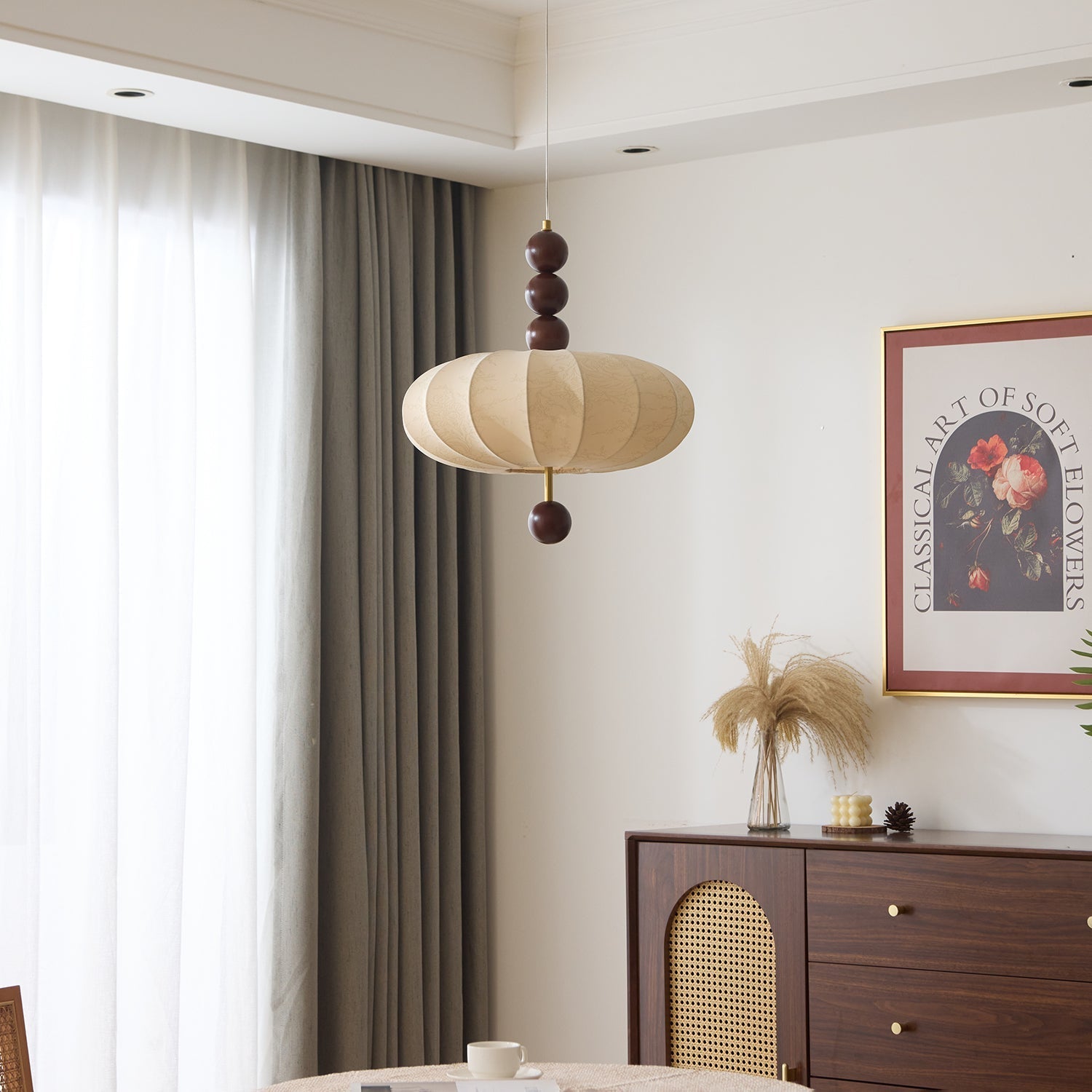 Adelaide Fabric Pendant Light Walnut Wood Beige Linen Dining Room Bedroom — 15 to 19 Inch