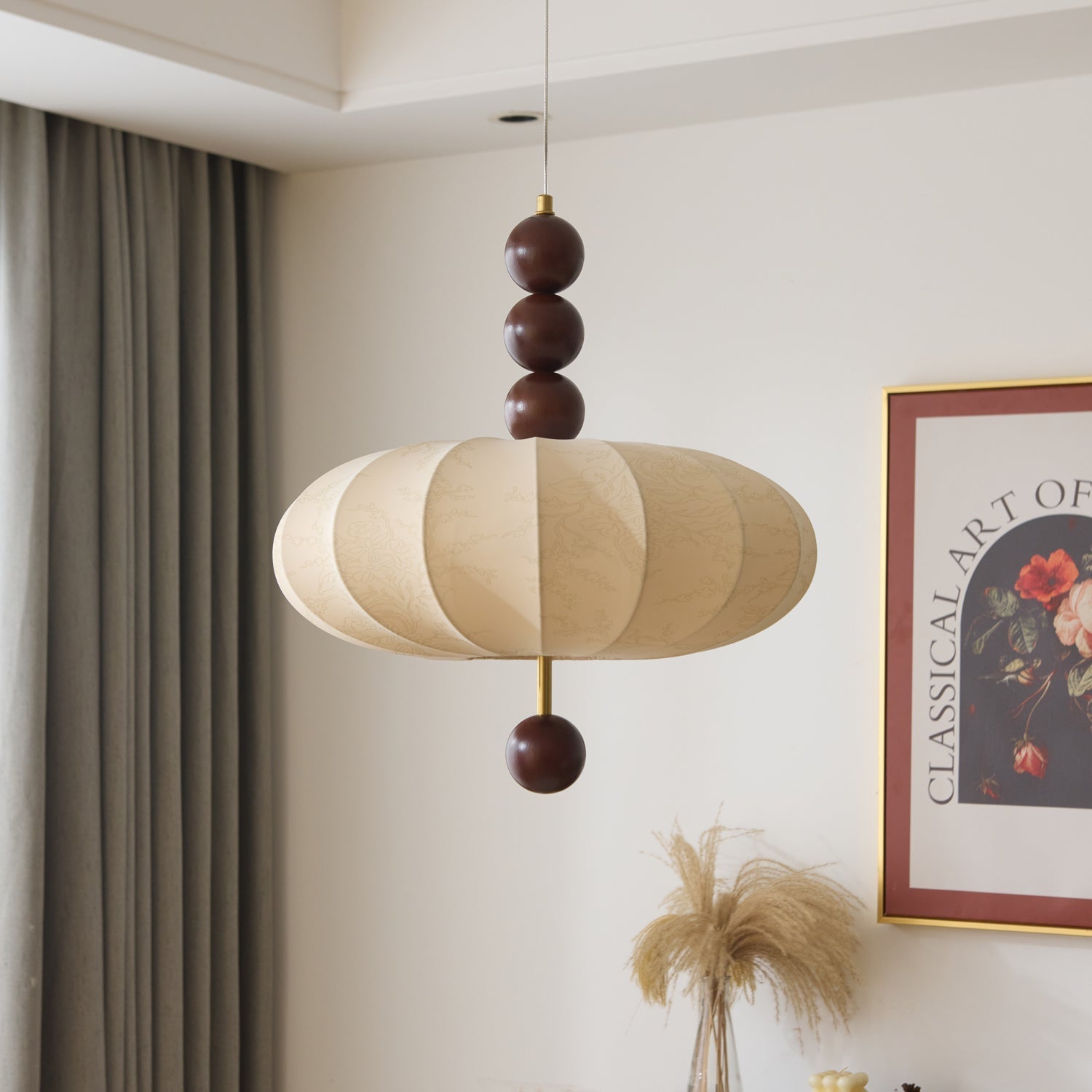 Adelaide Fabric Pendant Light Walnut Wood Beige Linen Dining Room Bedroom — 15 to 19 Inch