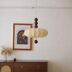 Adelaide Fabric Pendant Light Walnut Wood Beige Linen Dining Room Bedroom — 15 to 19 Inch