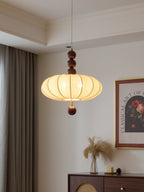 Adelaide Fabric Pendant Light Walnut Wood Beige Linen Dining Room Bedroom — 15 to 19 Inch