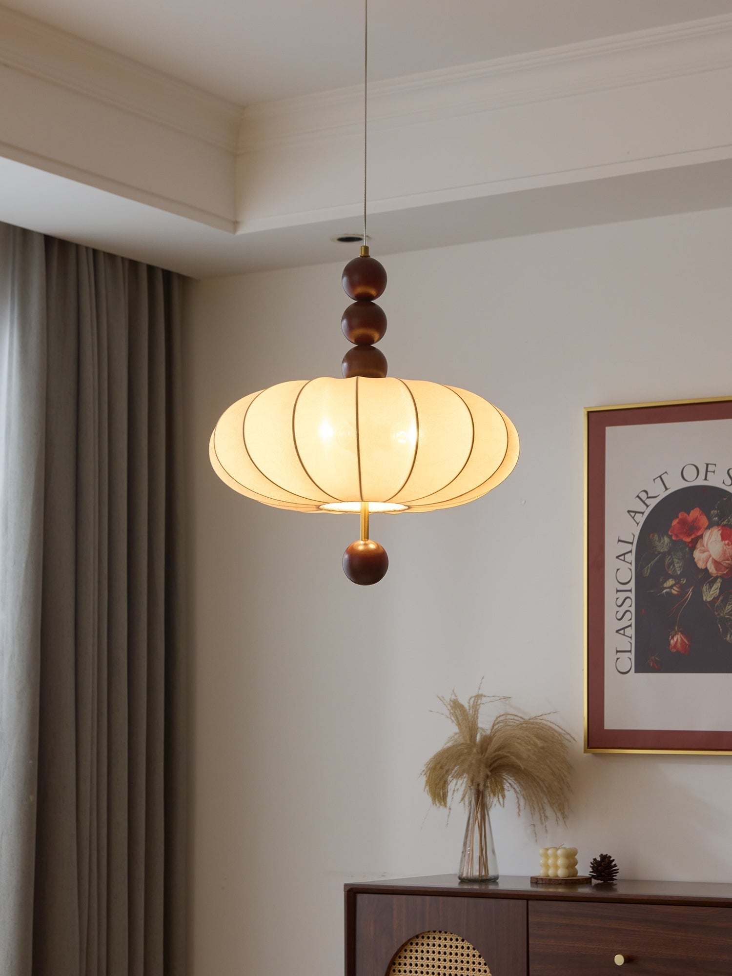 Adelaide Fabric Pendant Light Walnut Wood Beige Linen Dining Room Bedroom — 15 to 19 Inch