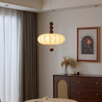 Adelaide Fabric Pendant Light Walnut Wood Beige Linen Dining Room Bedroom — 15 to 19 Inch