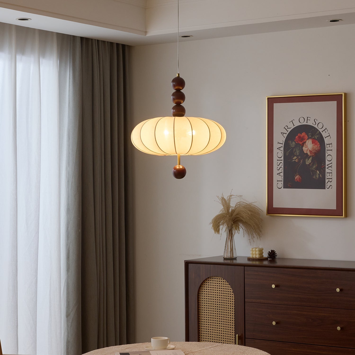 Adelaide Fabric Pendant Light Walnut Wood Beige Linen Dining Room Bedroom — 15 to 19 Inch