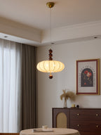 Adelaide Fabric Pendant Light Walnut Wood Beige Linen Dining Room Bedroom — 15 to 19 Inch