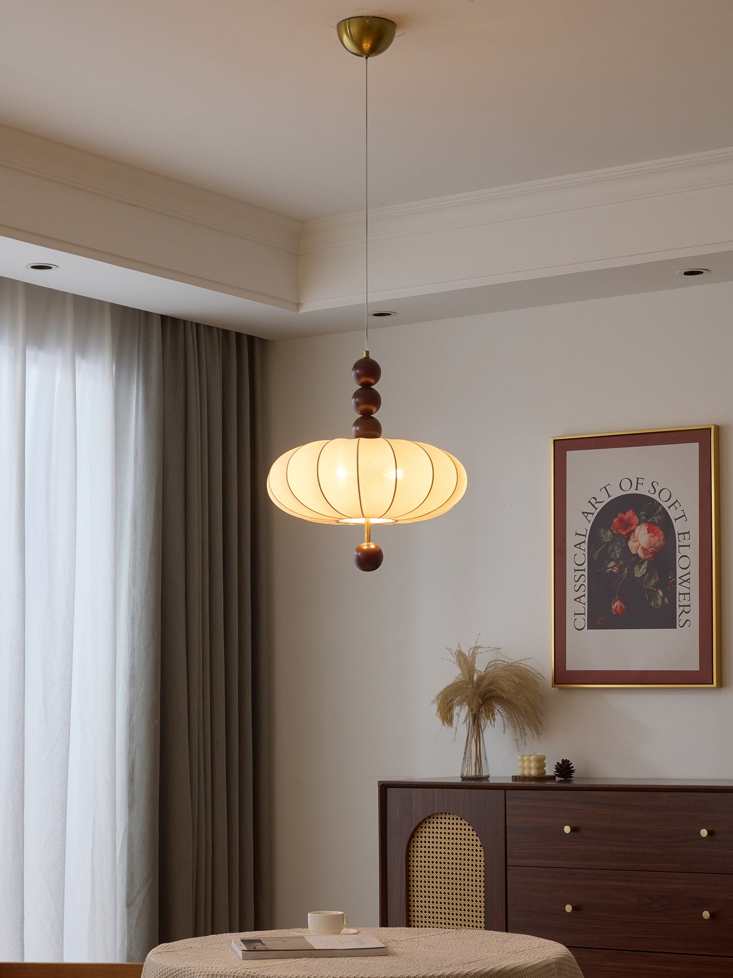Adelaide Fabric Pendant Light Walnut Wood Beige Linen Dining Room Bedroom — 15 to 19 Inch