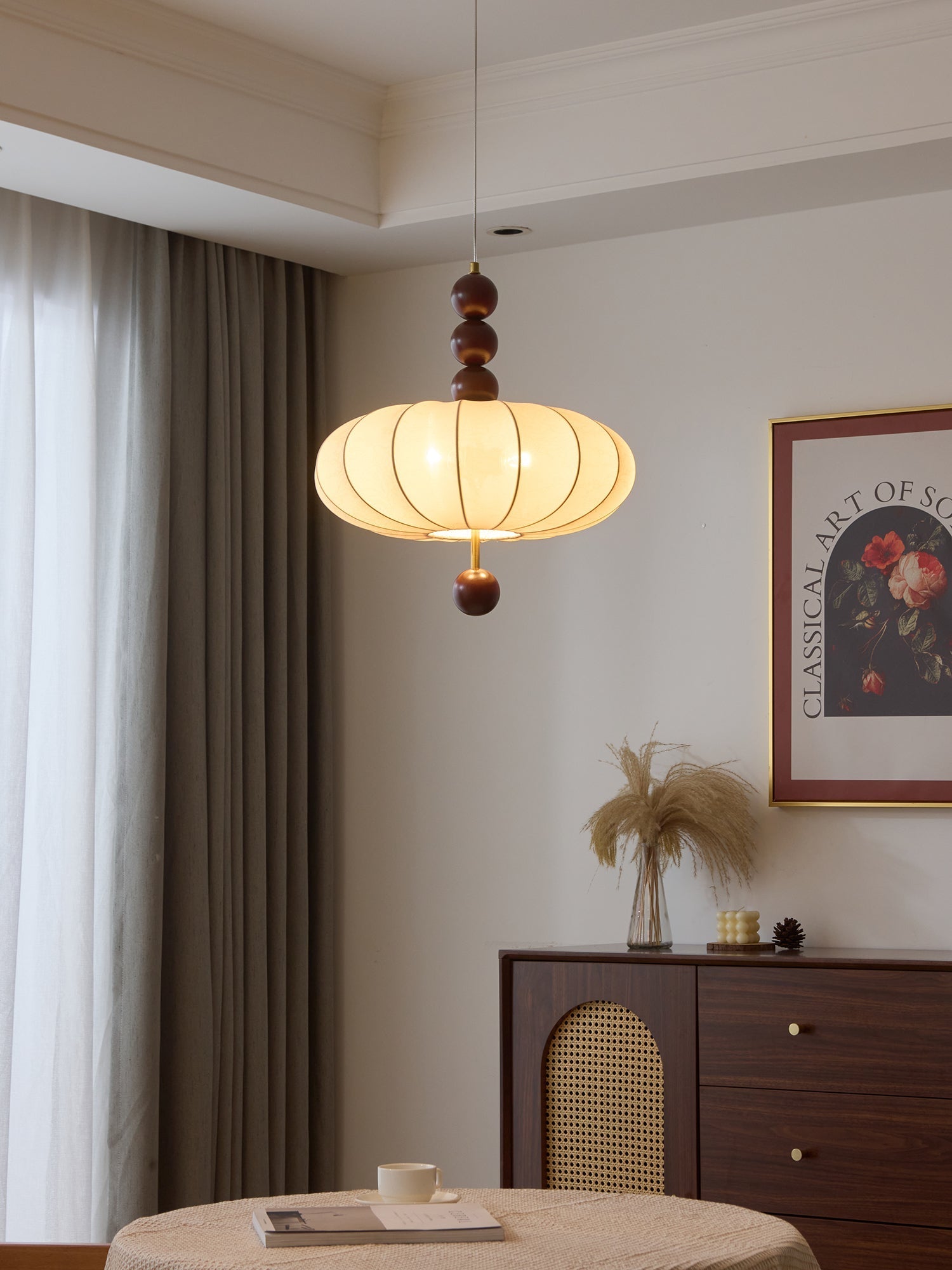 Adelaide Fabric Pendant Light Walnut Wood Beige Linen Dining Room Bedroom — 15 to 19 Inch