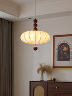 Adelaide Fabric Pendant Light Walnut Wood Beige Linen Dining Room Bedroom — 15 to 19 Inch