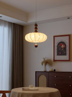 Adelaide Fabric Pendant Light Walnut Wood Beige Linen Dining Room Bedroom — 15 to 19 Inch