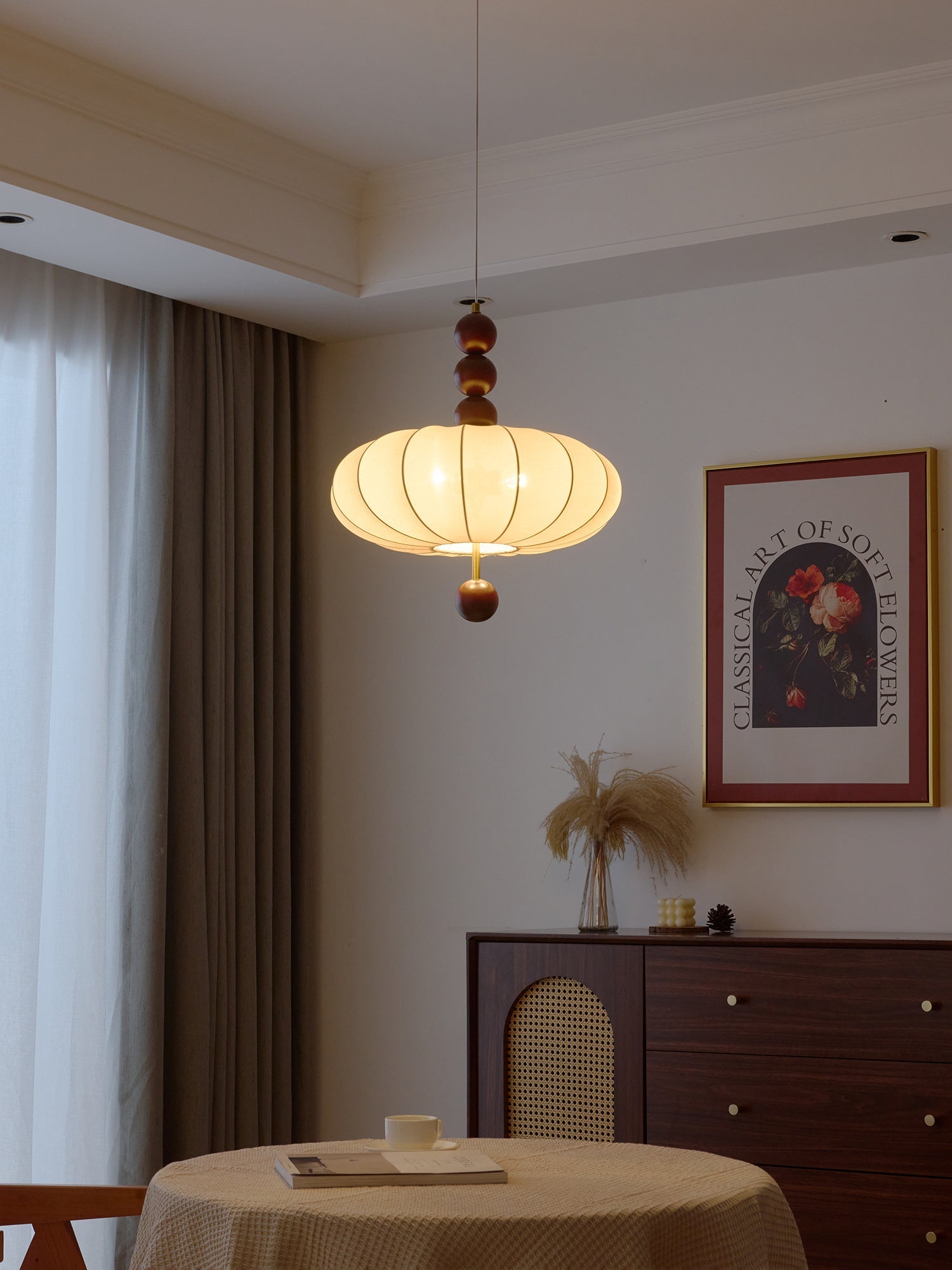 Adelaide Fabric Pendant Light Walnut Wood Beige Linen Dining Room Bedroom — 15 to 19 Inch