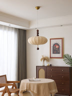 Adelaide Fabric Pendant Light Walnut Wood Beige Linen Dining Room Bedroom — 15 to 19 Inch