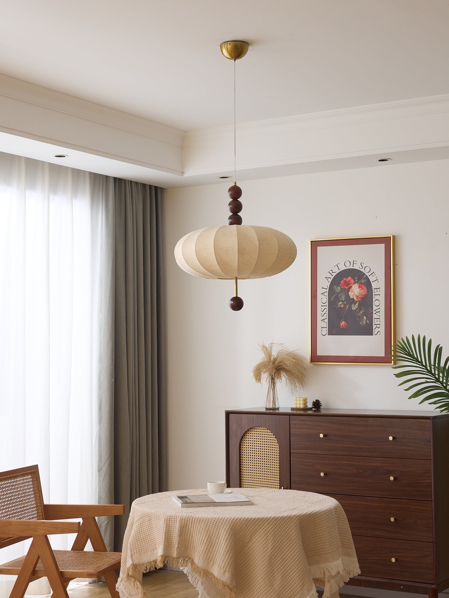 Adelaide Fabric Pendant Light Walnut Wood Beige Linen Dining Room Bedroom — 15 to 19 Inch