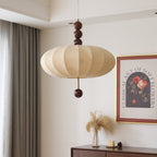 Adelaide Fabric Pendant Light Walnut Wood Beige Linen Dining Room Bedroom — 15 to 19 Inch