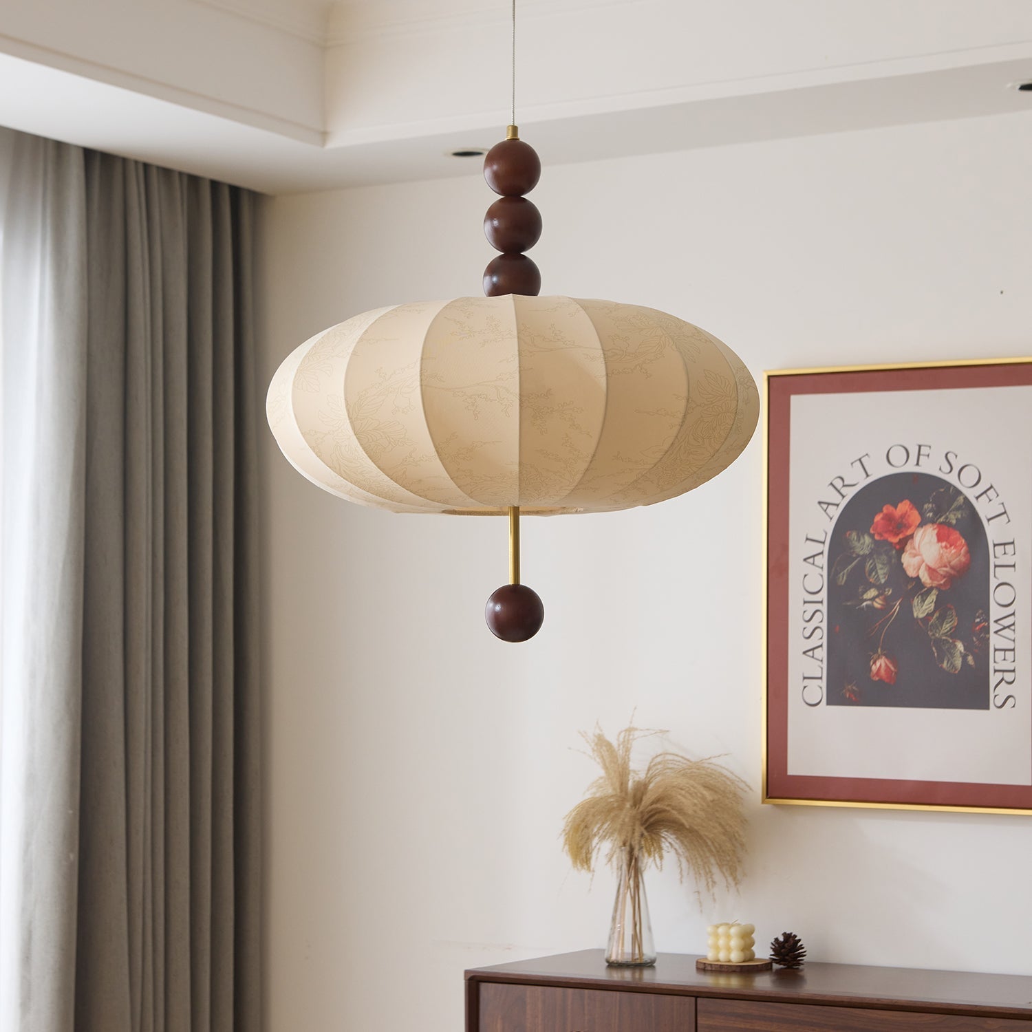 Adelaide Fabric Pendant Light Walnut Wood Beige Linen Dining Room Bedroom — 15 to 19 Inch