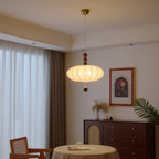 Adelaide Fabric Pendant Light Walnut Wood Beige Linen Dining Room Bedroom — 15 to 19 Inch