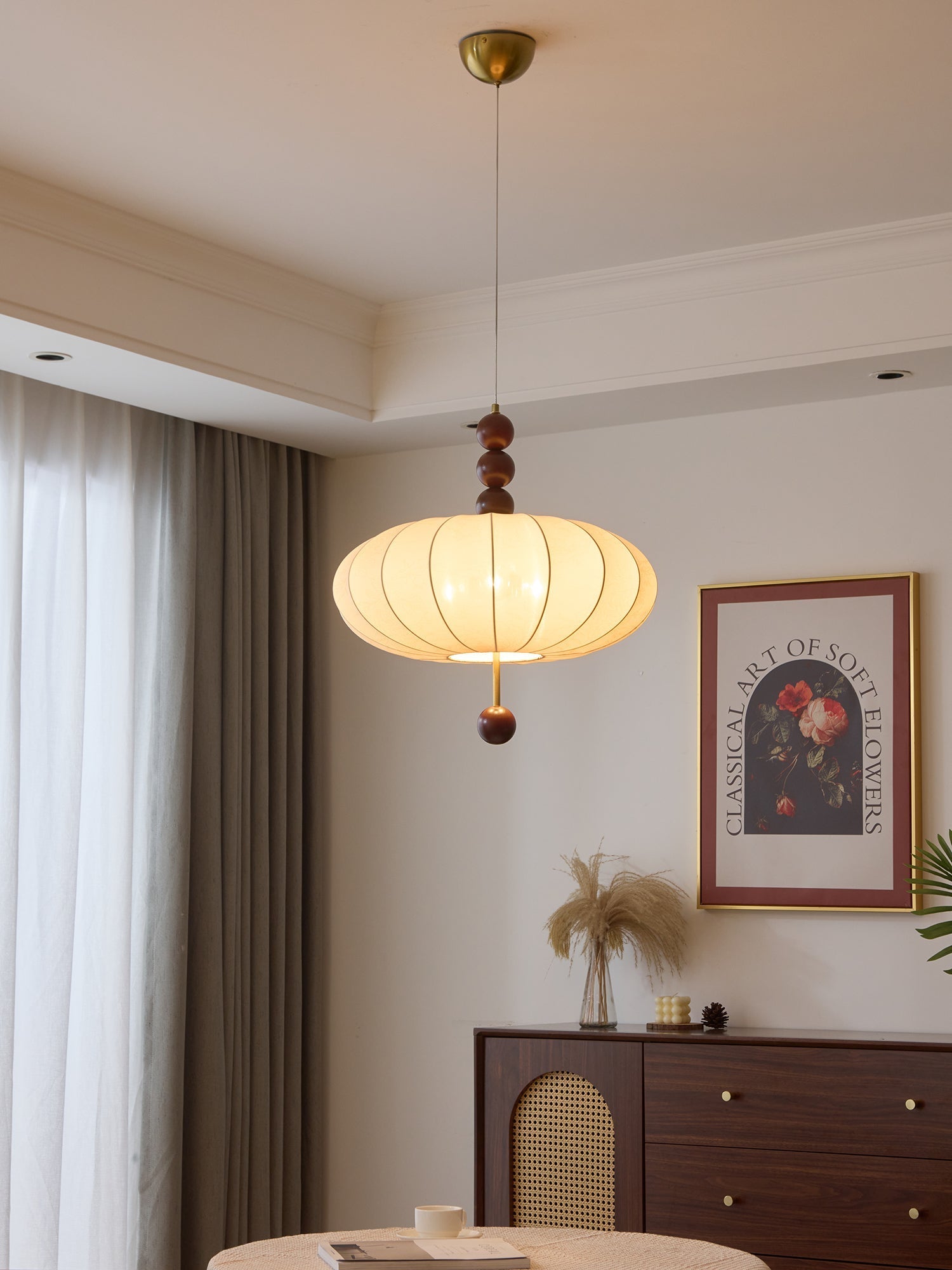 Adelaide Fabric Pendant Light Walnut Wood Beige Linen Dining Room Bedroom — 15 to 19 Inch