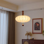 Adelaide Fabric Pendant Light Walnut Wood Beige Linen Dining Room Bedroom — 15 to 19 Inch