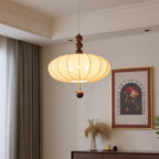 Adelaide Fabric Pendant Light Walnut Wood Beige Linen Dining Room Bedroom — 15 to 19 Inch