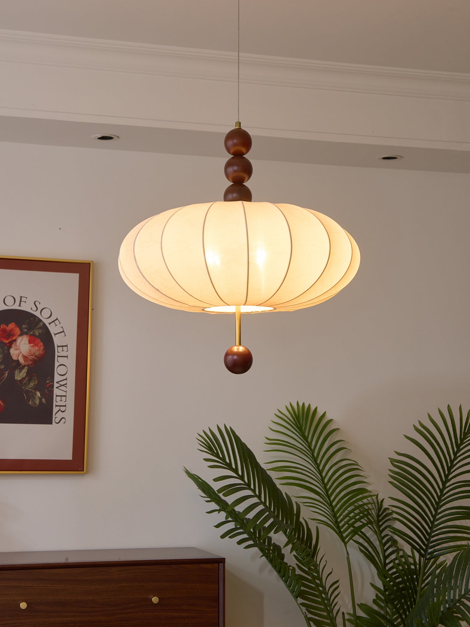 Adelaide Fabric Pendant Light Walnut Wood Beige Linen Dining Room Bedroom — 15 to 19 Inch