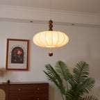 Adelaide Fabric Pendant Light Walnut Wood Beige Linen Dining Room Bedroom — 15 to 19 Inch
