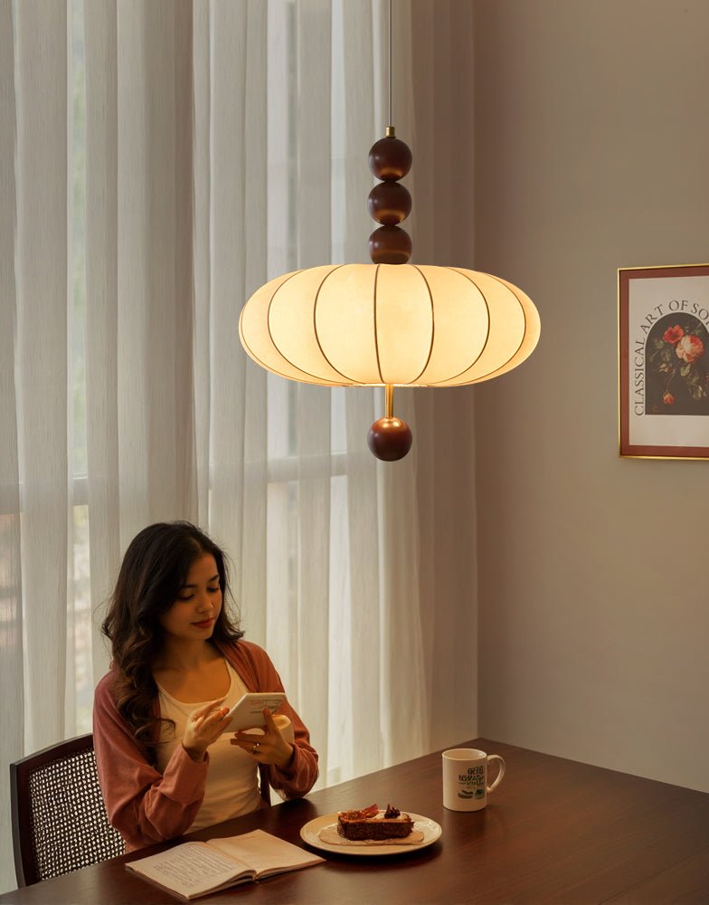Adelaide Fabric Pendant Light Walnut Wood Beige Linen Dining Room Bedroom — 15 to 19 Inch