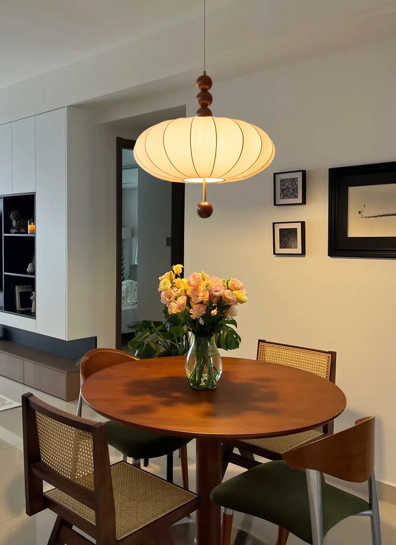 Adelaide Fabric Pendant Light Walnut Wood Beige Linen Dining Room Bedroom — 15 to 19 Inch
