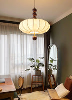 Adelaide Fabric Pendant Light Walnut Wood Beige Linen Dining Room Bedroom — 15 to 19 Inch