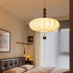 Adelaide Fabric Pendant Light Walnut Wood Beige Linen Dining Room Bedroom — 15 to 19 Inch